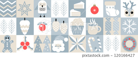 Christmas abstract geometric background in bauhaus style. Seamless festive vector mosaic, minimal scandinavian ornament. Merry Christmas, wallpaper, banner, festive cover design. Winter holiday. Christmas abstract geometric background in bauhaus style. Seamless festive vector mosaic, minimal scandinavian ornament. Merry Christmas, wallpaper, banner, festive cover design. Winter holiday. 120166427