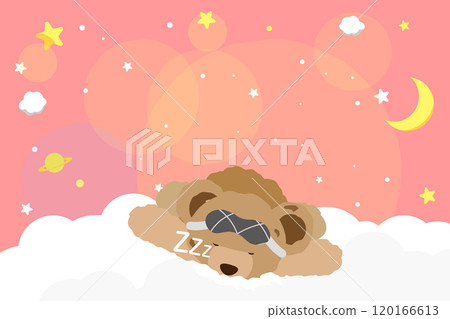 Background illustration of a teddy bear sleeping on a starry sky and clouds 1, pink, horizontal Background illustration of a teddy bear sleeping on a starry sky and clouds 1, pink, horizontal 120166613