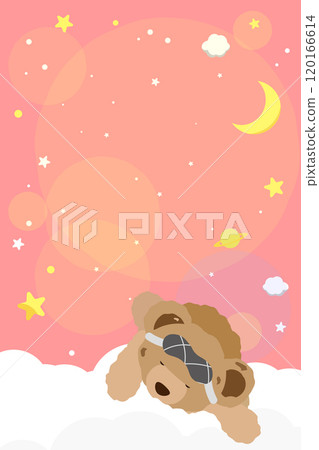 Background illustration of a teddy bear sleeping on a cloud against a starry sky 2, pink, vertical Background illustration of a teddy bear sleeping on a cloud against a starry sky 2, pink, vertical 120166614