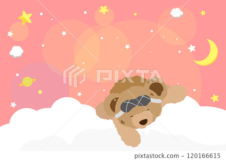 Background illustration of a teddy bear sleeping on a starry sky and clouds 2, pink, horizontal 120166615