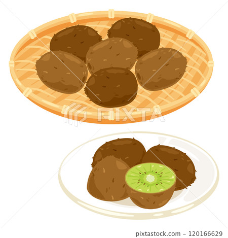 Green kiwi in a colander and green kiwi on a plate 120166629