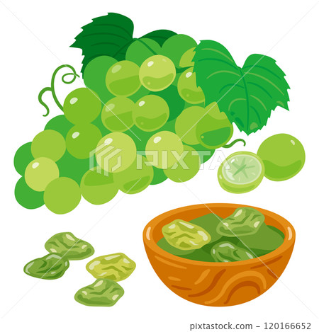 Grapes and green raisins in a wooden bowl set 120166652