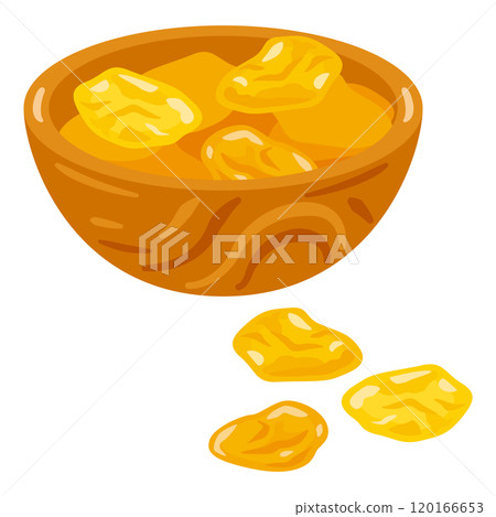 Golden raisins set in a wooden bowl 120166653