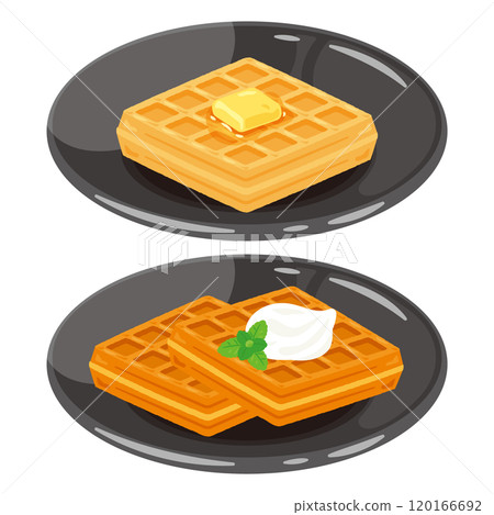 Set of 2 square waffles on a plate Set of 2 square waffles on a plate 120166692