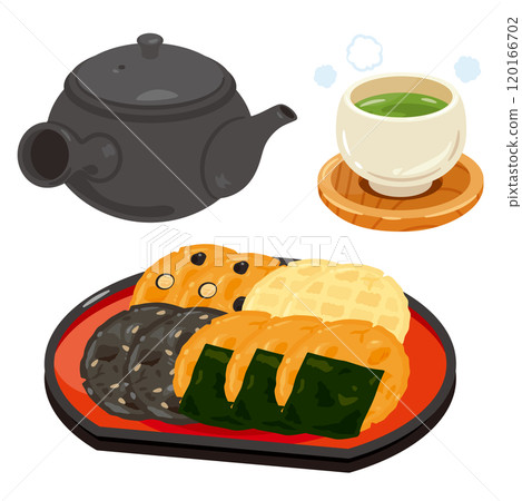 托盤中盛放著各種米果和茶具 120166702