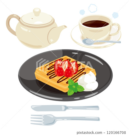 盤子上的草莓華夫餅和咖啡套裝 盤子上的草莓華夫餅和咖啡套裝 120166708