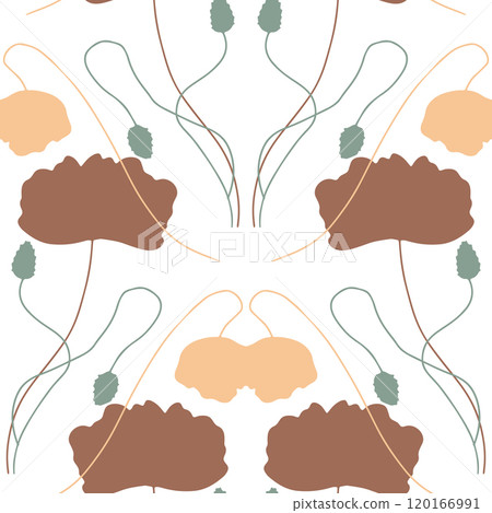 Seamless pattern with abstract poppy flowers brown silhouettes on white 120166991