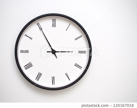Clock Showing 14.55 or 02.55 with Roman Numerals. Simple Round Clock for Concepts of Time Management and Scheduling. Clock Showing 14.55 or 02.55 with Roman Numerals. Simple Round Clock for Concepts of Time Management and Scheduling. 120167038