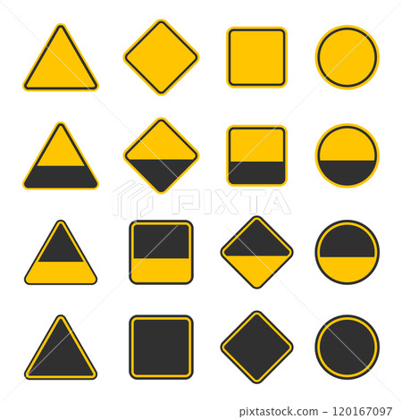 Empty yellow black warning sign symbol set. Blank caution traffic sign icon collection. Vector illustration image. Isolated on white background. Empty yellow black warning sign symbol set. Blank caution traffic sign icon collection. Vector illustration image. Isolated on white background. 120167097