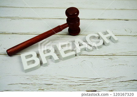 Breach alphabet letters and wooden gavel top view on wooden background Breach alphabet letters and wooden gavel top view on wooden background 120167320
