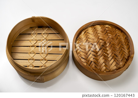 Chinese dim sum dumpling bamboo bowl basket isolated over white background 120167443