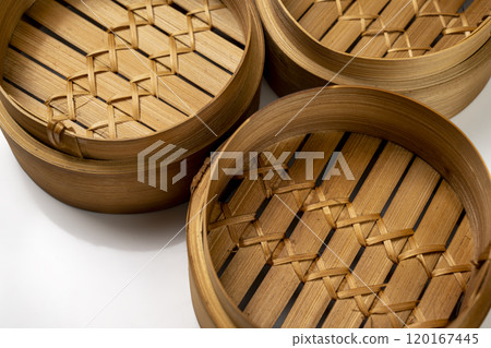 Set of chinese dim sum dumpling bamboo bowl basket isolated over white background 120167445