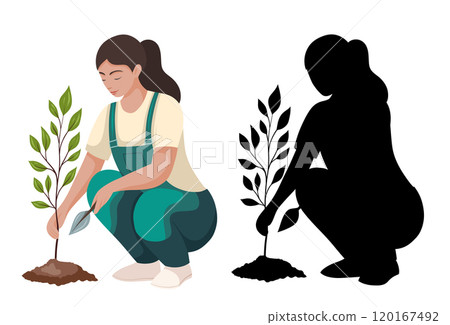 Vector set of women planting a tree isolated from background. Collection of illustrations in flat style and black silhouette. Environmental protection Vector set of women planting a tree isolated from background. Collection of illustrations in flat style and black silhouette. Environmental protection 120167492