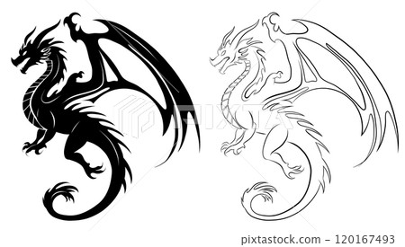 Vector set of dragon silhouette clip arts. Collection of black silhouette and outline dragon with wings isolated from background. Mythological monster Vector set of dragon silhouette clip arts. Collection of black silhouette and outline dragon with wings isolated from background. Mythological monster 120167493