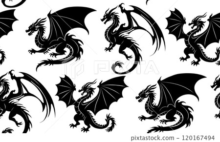 Vector fairy tale seamless pattern with black silhouette of dragons. Texture with shadow of wyverns on white background. Wallpaper with monsters Vector fairy tale seamless pattern with black silhouette of dragons. Texture with shadow of wyverns on white background. Wallpaper with monsters 120167494
