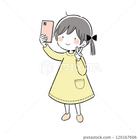 Illustration of a girl taking a selfie with a peace sign 120167606