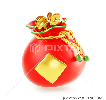 3d red money bag with chinese gold coin and rope isolated render icon. Asian sack with gift, pouch with golden cny cash. Symbol of good luck or fortune for oriental New Year design. 3D illustration 120167828