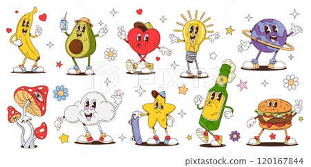 Cartoon funny groovy characters and retro hippie personages. Vector cute fast food burger and beer bottle, psychedelic groovy planet, star and banana, hippy mushroom, hearts and light bulb characters 120167844