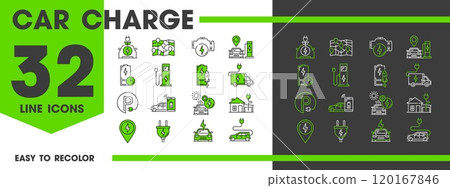 Car charge line icons or green energy and electric vehicles, vector symbols. Electrocar charging station line icons of plug and socket with green leaf, EV or BEV automobiles on electric power engine Car charge line icons or green energy and electric vehicles, vector symbols. Electrocar charging station line icons of plug and socket with green leaf, EV or BEV automobiles on electric power engine 120167846
