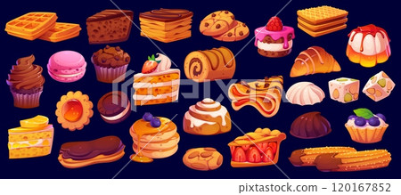 Cartoon confectionery and sweet pastry cakes and cookies or bakery desserts, vector icons. Cartoon pastry and confectionery cupcake, waffle and chocolate muffin, sweet pancake and croissant or nougat 120167852