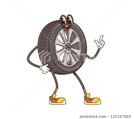 Cartoon retro groovy car tire character. Vehicle maintenance workshop happy groovy mascot or auto garage wheel cheerful cartoon character. Car repair service spare part cute isolated vector personage 120167869