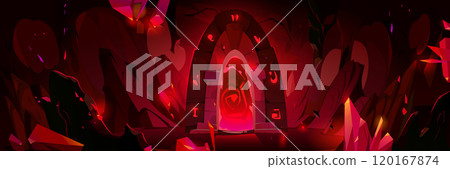 Mysterious glowing red portal in dark cave 120167874