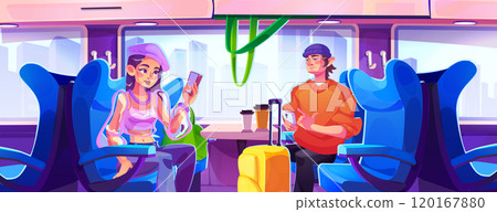 Modern train compartment interior with passengers 120167880