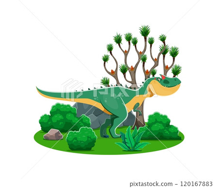 Allosaurus prehistoric dinosaur character. Cartoon cute dino animal personage on jurassic park nature landscape vector background. Funny theropod dinosaur with prehistoric tree, cactus and green grass Allosaurus prehistoric dinosaur character. Cartoon cute dino animal personage on jurassic park nature landscape vector background. Funny theropod dinosaur with prehistoric tree, cactus and green grass 120167883