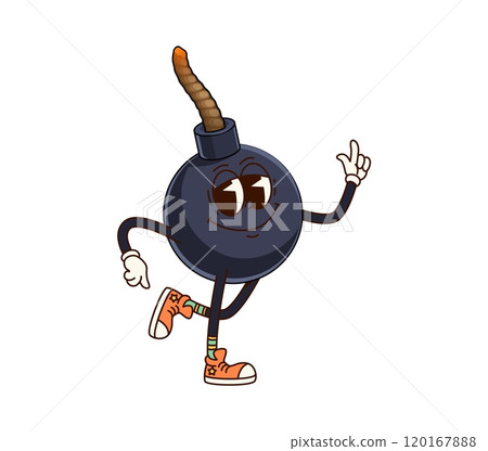 Groovy bomb with wick cartoon cute character. Dynamite, explosive or grenade comical cartoon isolated vector personage. Bomb with flaming wick cheerful funky character or groovy mascot Groovy bomb with wick cartoon cute character. Dynamite, explosive or grenade comical cartoon isolated vector personage. Bomb with flaming wick cheerful funky character or groovy mascot 120167888