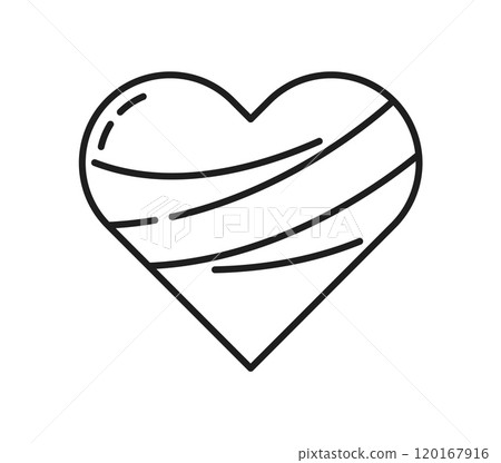 Heart disease and cardiology care line icon. Cardiology medicine and healthcare thin line sign, cardiovascular system medical disease healing outline pictogram or vector symbol wing bandaged heart 120167916