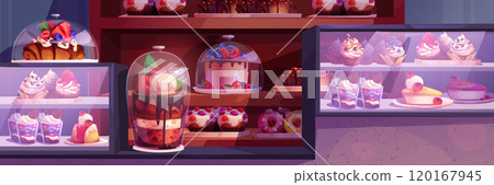 Bakery shop with cute cake on counter showcase 120167945