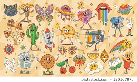 Cartoon retro funny groovy characters of cute flowers, rainbow lips, mushroom, star and planet. Vector personages of piece heart, daisy, cherry and butterfly, happy psychedelic cactus, rocket and cat Cartoon retro funny groovy characters of cute flowers, rainbow lips, mushroom, star and planet. Vector personages of piece heart, daisy, cherry and butterfly, happy psychedelic cactus, rocket and cat 120167973