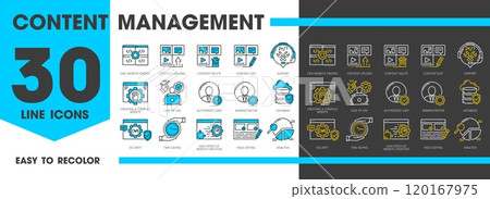 Cms symbols, Content management system icons. Website engine, content upload, edit and delete, support, authorized user and administrator. Database, security or time saving, page editing and analysis 120167975