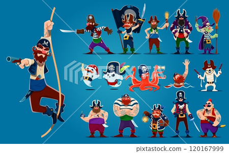 Cartoon pirates and corsairs characters. Captains and sailors, skipper and boatswain filibusters vector personages, funny ghost, witch, octopus and mummy pirate characters with black flag and swords 120167999