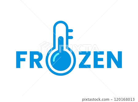 Blue frozen cold product icon with thermometer for food package, vector symbol. Frozen product label for fresh refrigerated meat, fish seafood or keep cold food package and refrigerator label Blue frozen cold product icon with thermometer for food package, vector symbol. Frozen product label for fresh refrigerated meat, fish seafood or keep cold food package and refrigerator label 120168013