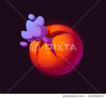 Cartoon galaxy fantasy alien cracked space planet with smoke emanating from the large crack. Vector mysterious celestial body with damaged surface in shades of orange and red, floats in a dark cosmos 120168026
