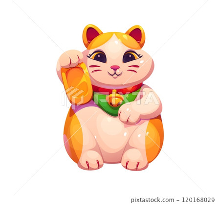 Cartoon lucky Japanese Maneki Neko cat. Isolated vector statue with raised paw and friendly expression, wearing a bright green bib and bell collar. Symbol of luck, prosperity, Eastern Japan culture 120168029
