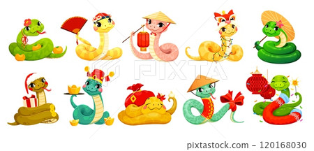 Cartoon 2025 Chinese lunar New Year snake characters for Asian holiday, vector emoji. Funny snakes in traditional Chinese costumes with paper light lanterns for 2025 year calendar and Chinese New Year 120168030