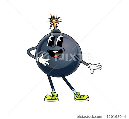 Bomb with flaming wick cute groovy character. Grenade childish hippie vector mascot, dynamite or bomb happy groovy isolated personage. Explosive with sparkling wick cheerful character 120168044