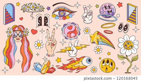 Retro groovy hippie symbols, cartoon smile emoji, psychedelic daisy flower and planet vector characters. Happy girl with rainbow color hair and peace sign sunglasses, victory hand and trippy stairs 120168045
