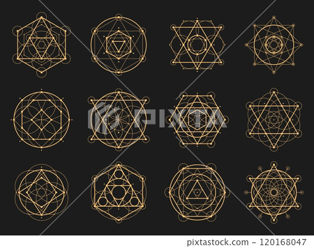 Sacred esoteric geometry. Vector Metatron cube, flower of life, sri yantra, merkaba and tree of life. Hexagram, vesica pisci, seed of life or pentagram. Heptagram, octagram spiritual symmetrical signs Sacred esoteric geometry. Vector Metatron cube, flower of life, sri yantra, merkaba and tree of life. Hexagram, vesica pisci, seed of life or pentagram. Heptagram, octagram spiritual symmetrical signs 120168047
