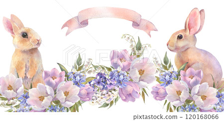Watercolor seamless bordure with little peach rabbits is sitting in the spring flowers. Easter bunny and crocuses, snowdrops. Template for designs , card, wallpaper. 120168066