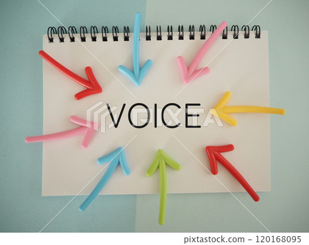 The word "voice" surrounded by arrows. Everyone has a voice. 120168095