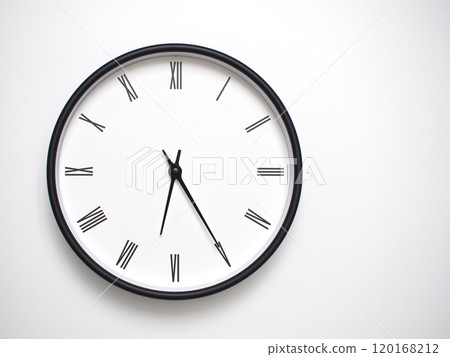 Clock Showing 18.25 or 06.25 with Roman Numerals. Simple Round Clock for Concepts of Time Management and Scheduling. 120168212