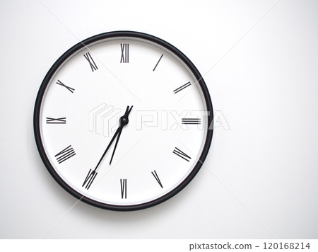 Clock Showing 18.35 or 06.35 with Roman Numerals. Simple Round Clock for Concepts of Time Management and Scheduling. Clock Showing 18.35 or 06.35 with Roman Numerals. Simple Round Clock for Concepts of Time Management and Scheduling. 120168214