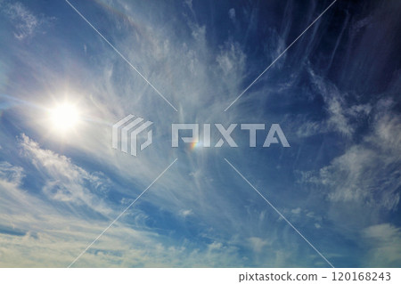 Autumn blue sky, clouds and sunlight 120168243