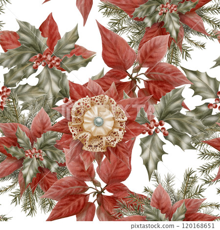 Vintage Christmas seamless pattern of red poinsettia flowers,holly leaves with berries, spruce branches lace bow brooch with silk insert in beige with pearl and beads on white background Vintage Christmas seamless pattern of red poinsettia flowers,holly leaves with berries, spruce branches lace bow brooch with silk insert in beige with pearl and beads on white background 120168651