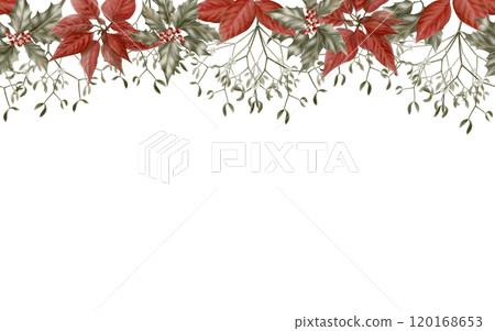 Vintage Christmas seamless border of holly,poinsettia and mistletoe as a symbol of holiday, miracle and faith.Watercolor illustration isolated on white background for tableware,cards, kitchen textiles 120168653