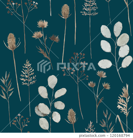 Seamless pattern with dry plants. Watercolor realistic hand-drawn print for design and textile. Seamless pattern with dry plants. Watercolor realistic hand-drawn print for design and textile. 120168794