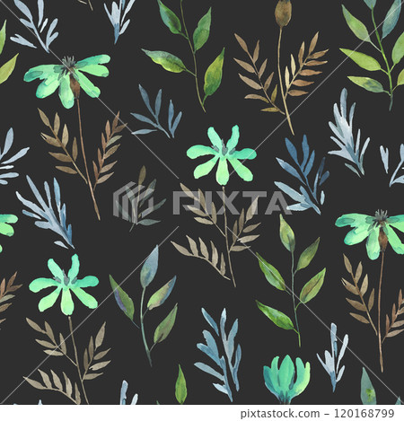 Watercolor seamless pattern with simple delicate plants and flowers. Hand drawn artistic print  120168799